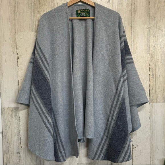 John Hanly Made In Ireland Lambswool Cape Wrap Poncho Grey Blue Stripe One Size - Picture 1 of 9